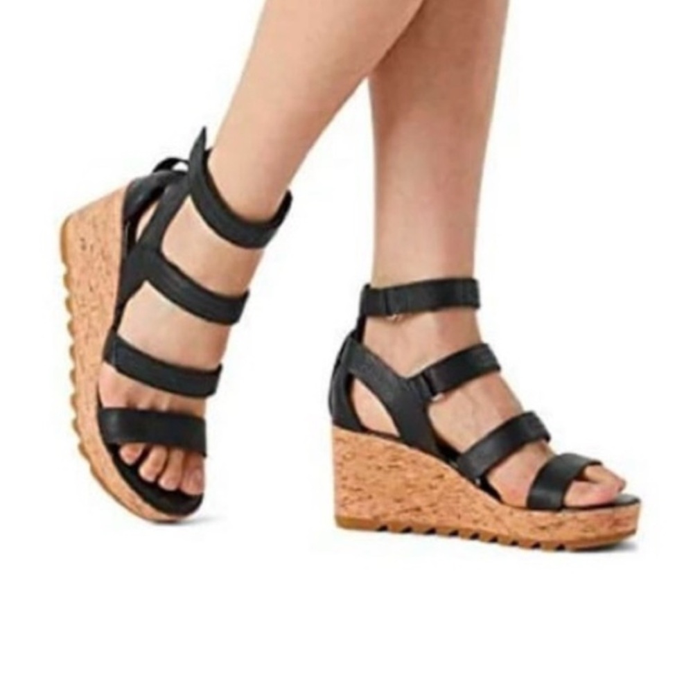 SOREL Cameron Black Strappy Flatform Slingback Platform Wedge Cork Sandals